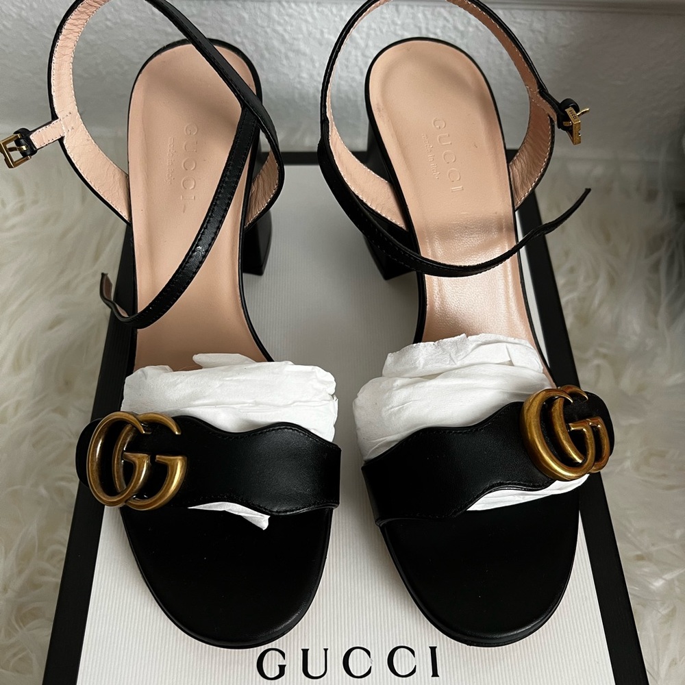 Authentic Gucci marmont GG double G mid block heel leather sandals 36 6